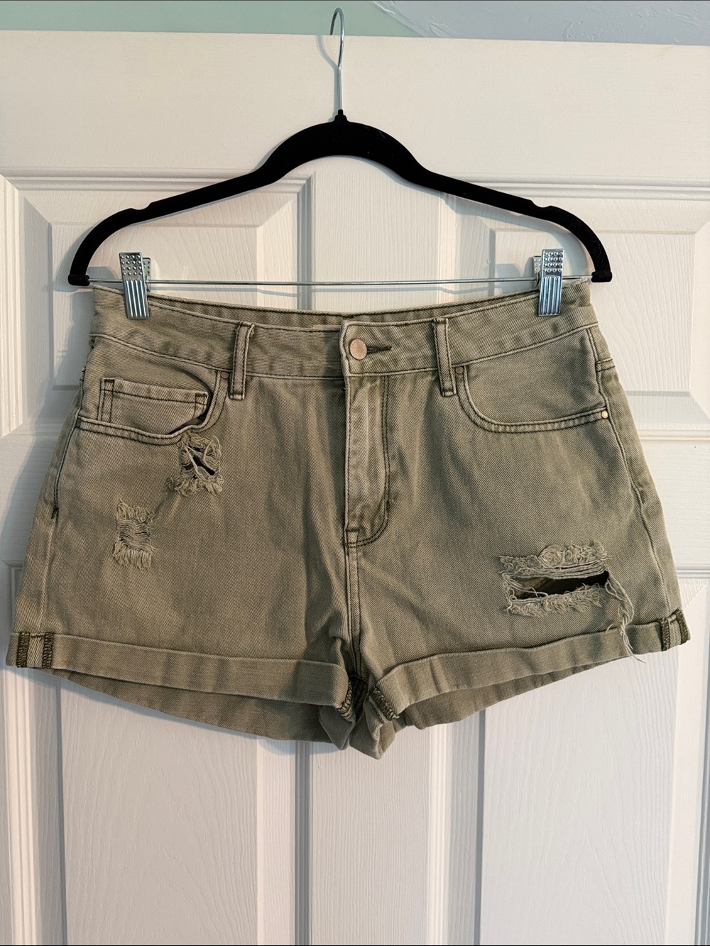 Bullhead Olive-Green Distressed Rolled Hem Jean Shorts